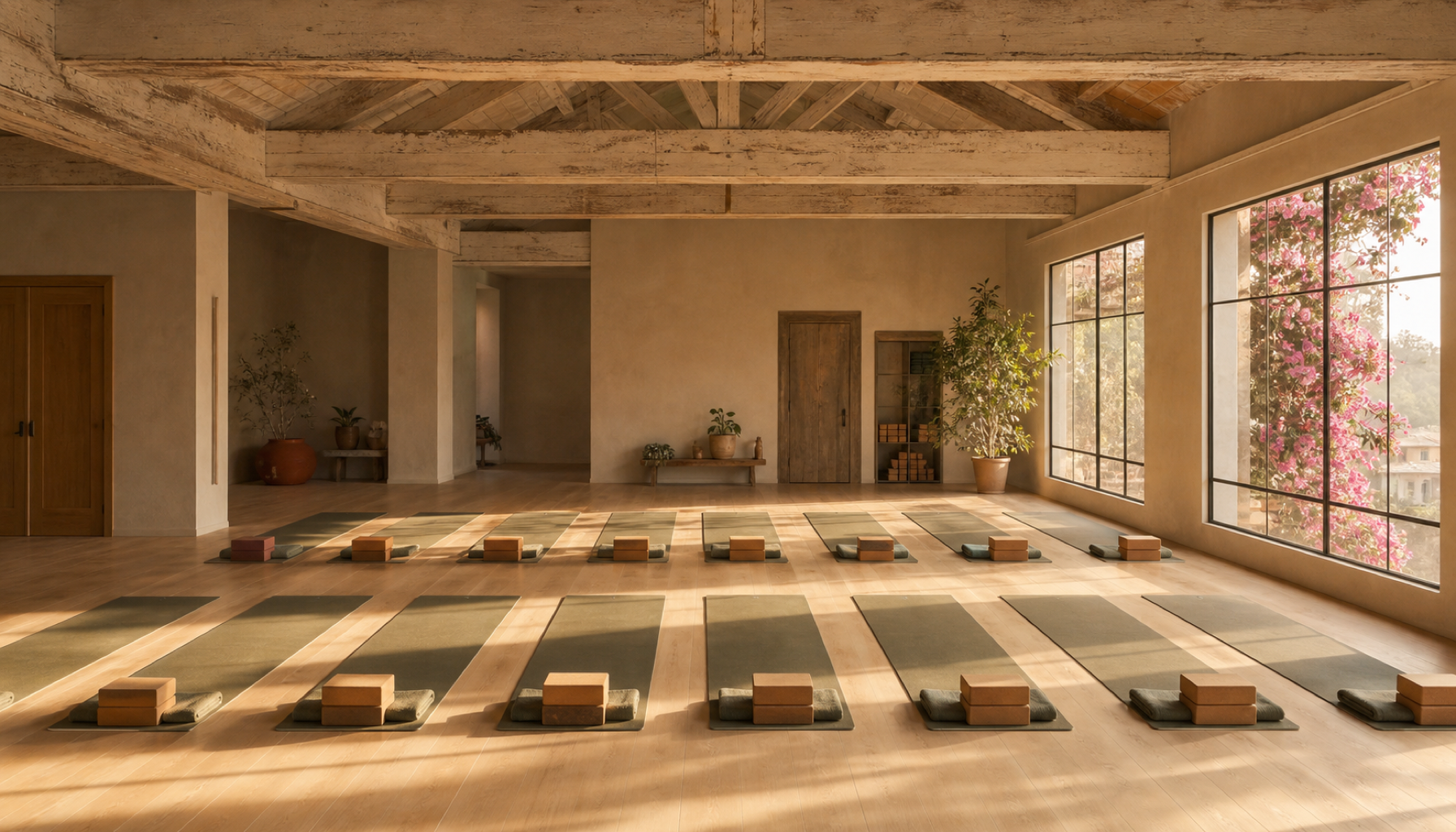 The Venice Main Room in late afternoon light, mats laid out under old beams