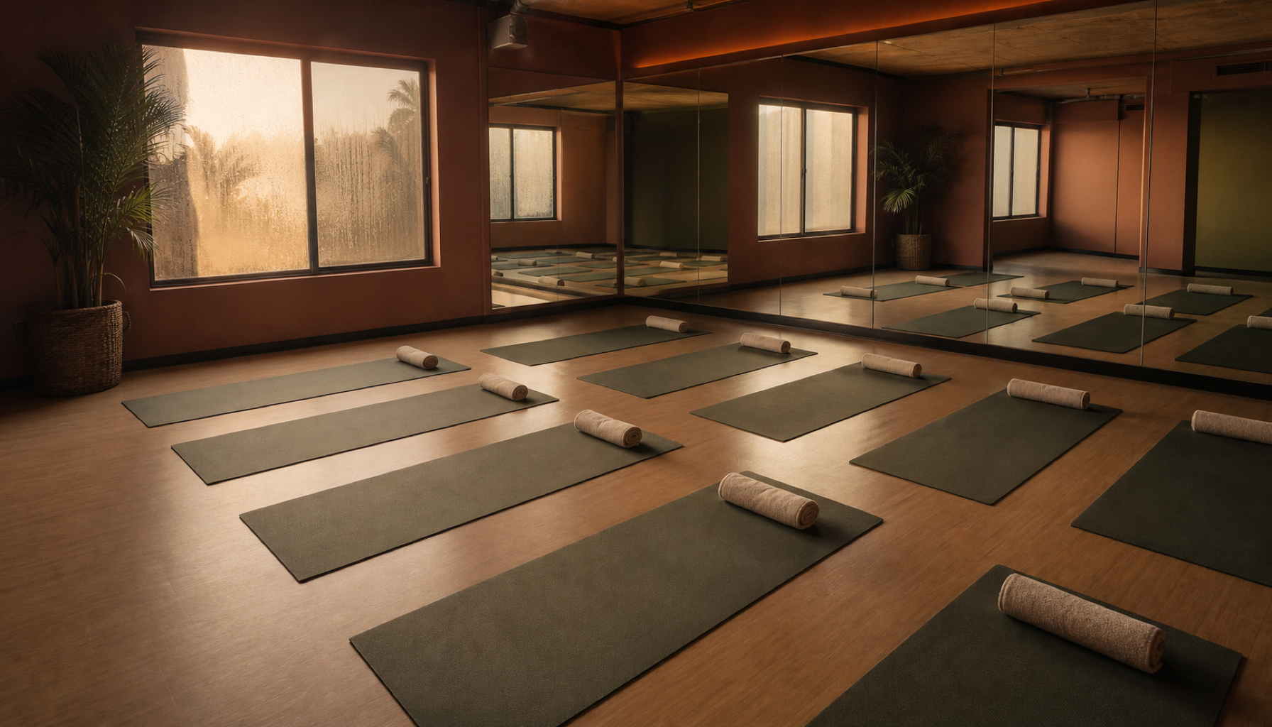 The Venice Hot Room set up for the 26-and-2 sequence, walls warm with radiant heat