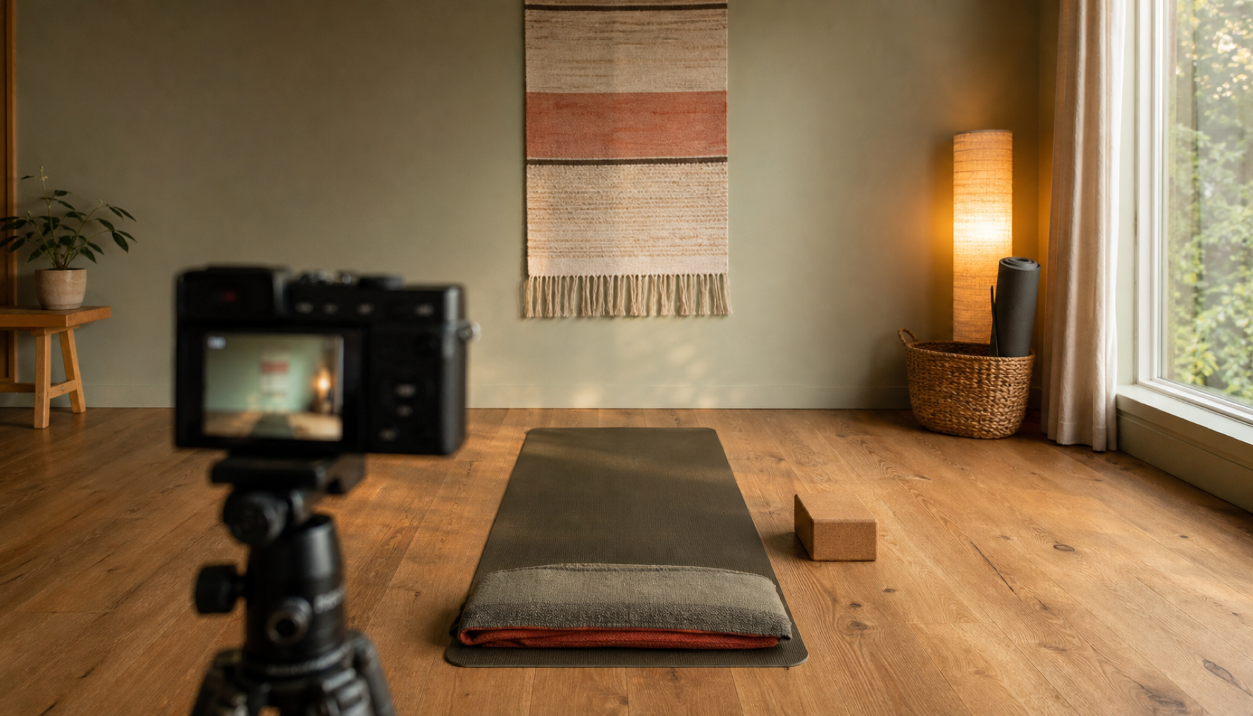 Grace Kim teaching a live-streamed Vinyasa class from the online studio set